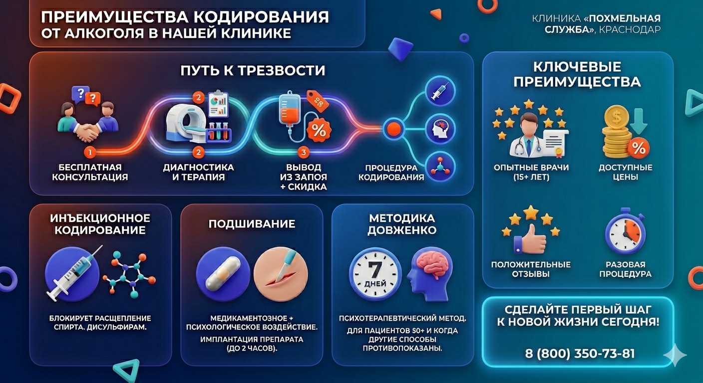 Инфографика о методах кодирования от алкоголя в Мелеузе: инъекции, подшивание, метод Довженко. Преимущества клиники и этапы лечения.